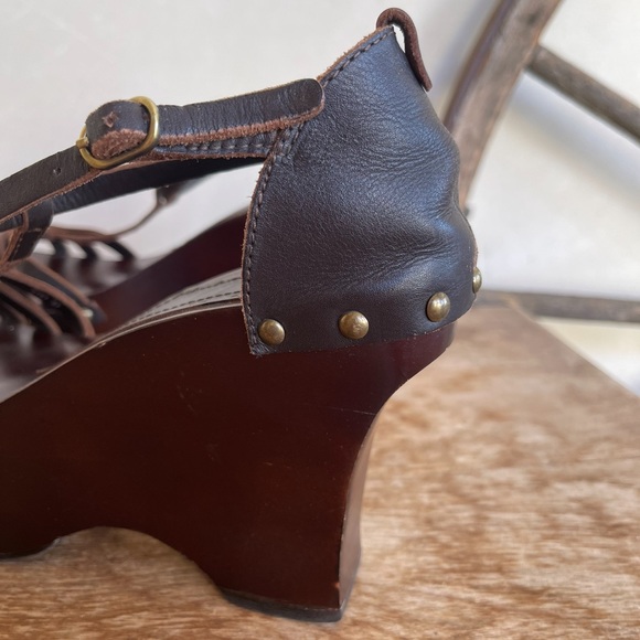 LTD FORNONNO Rare Vtg Brown Wood & Leather T-Strap Platform Sandals 37 Italy - Picture 12 of 13